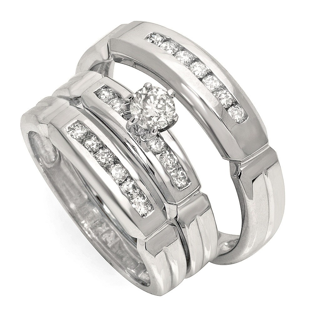 Luxurious Trio Marriage Rings Half Carat Round Cut Diamond on Gold - JeenJewels