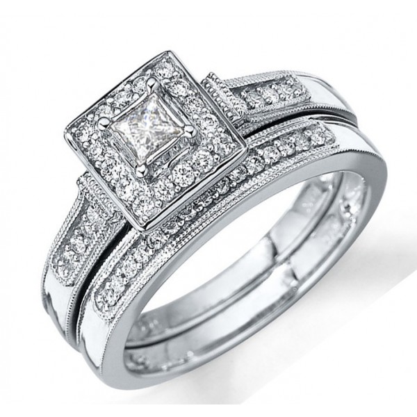 Divine Antique Halo Diamond Bridal Ring Set 1 Carat Princess Cut Diamond On Gold Jeenjewels 9496