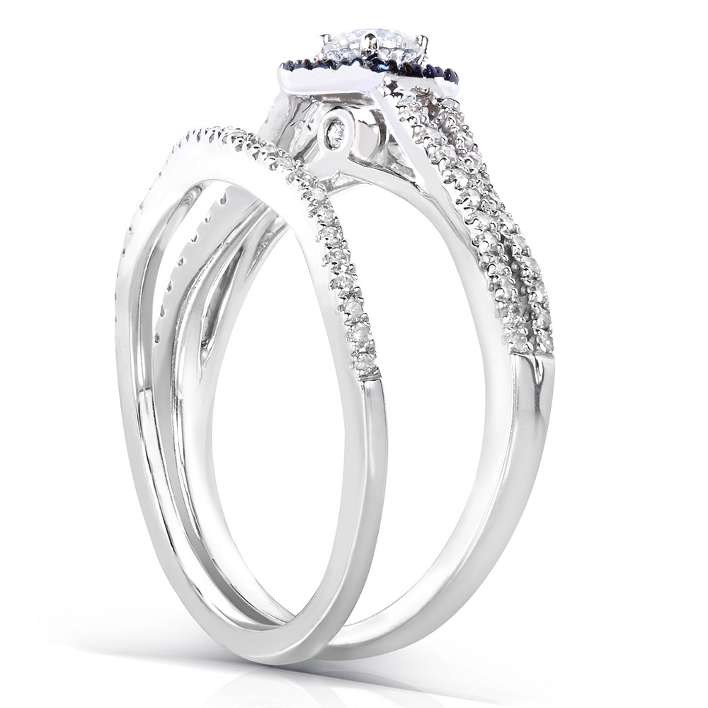 1 Carat Unique Round Diamond And Sapphire Bridal Ring Set In White Gold