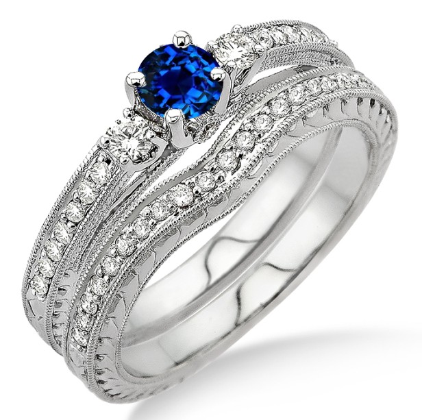 1.5 Carat Sapphire And Diamond Antique Bridal Set On 10k White Gold 