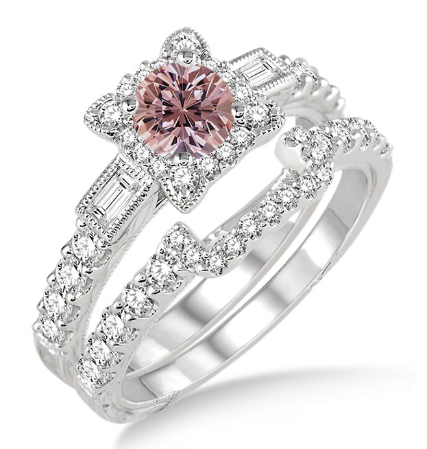 15 Carat Morganite And Diamond Vintage Floral Bridal Set Engagement Ring On 10k White Gold 6118