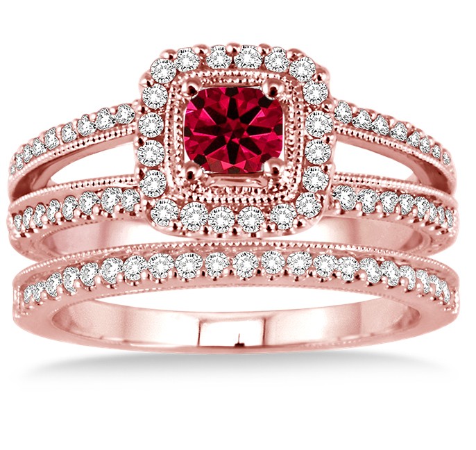 2 Carat Ruby And Diamond Antique Bridal Set Halo Ring On 10k Rose Gold