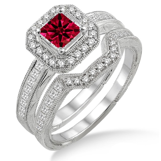 2 Carat Ruby And Diamond Antique Halo Bridal Set On 10k White Gold Jeenjewels