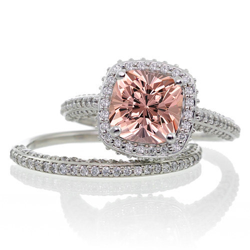 25 Carat Cushion Cut Designer Morganite And Diamond Halo Wedding Ring