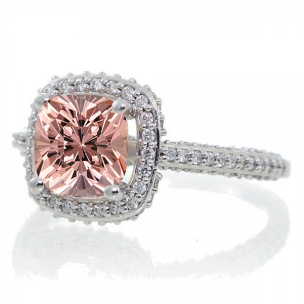 1.5 Carat Cushion Cut Designer Morganite and Diamond Halo Engagement