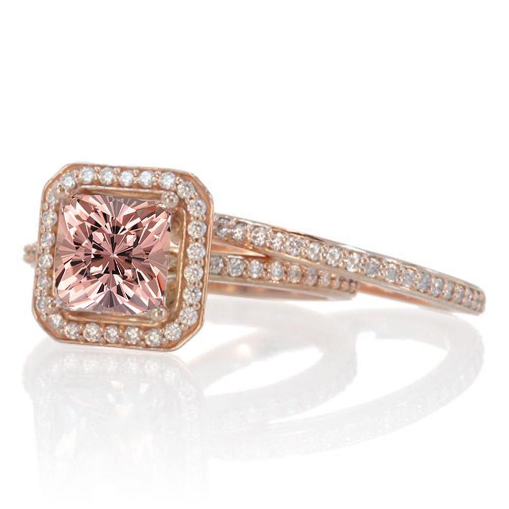 2 Carat Beautiful Morganite And Diamond Halo Wedding Ring Set On 10k Rose Gold Jeenjewels