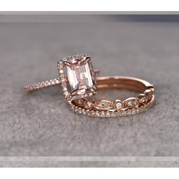 Limited Time Sale 2 Carat Morganite And Diamond Trio Ring Set In 10k