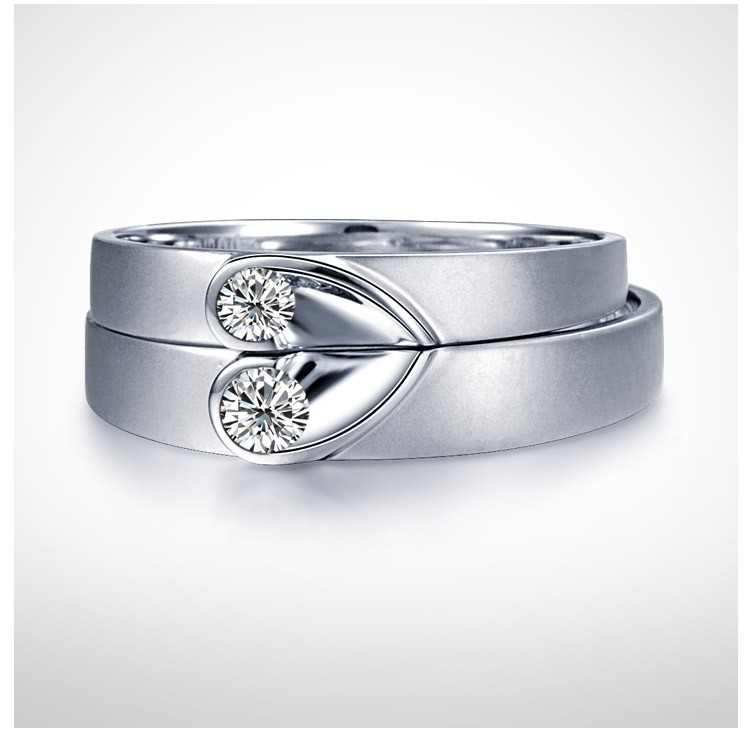 Unique Heart Shape Couples Matching Wedding Band Rings On Silver