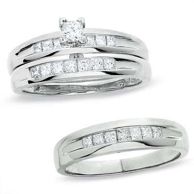 Intriguing Trio Marriage Rings 1 Carat Princess Cut Diamond on Gold ...