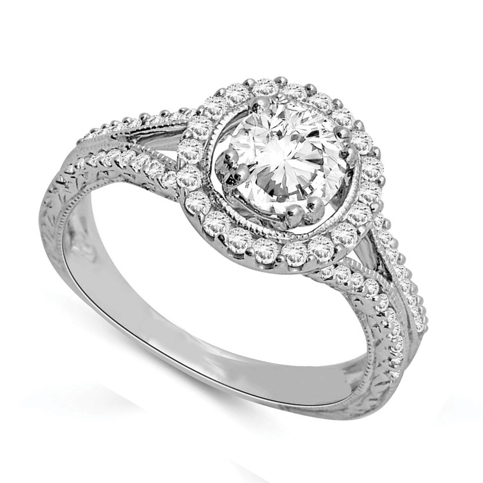 Graceful Halo Diamond Wedding Ring 1.00 Carat Round Cut Diamond on Gold ...