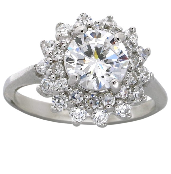 Flower Halo 2 Carat Cubic Zirconia Engagement Ring in Sterling Silver ...