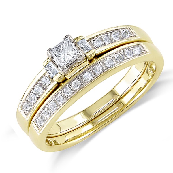 Beautiful Princess and Baguette Diamond Bridal Set in yellow Gold ...