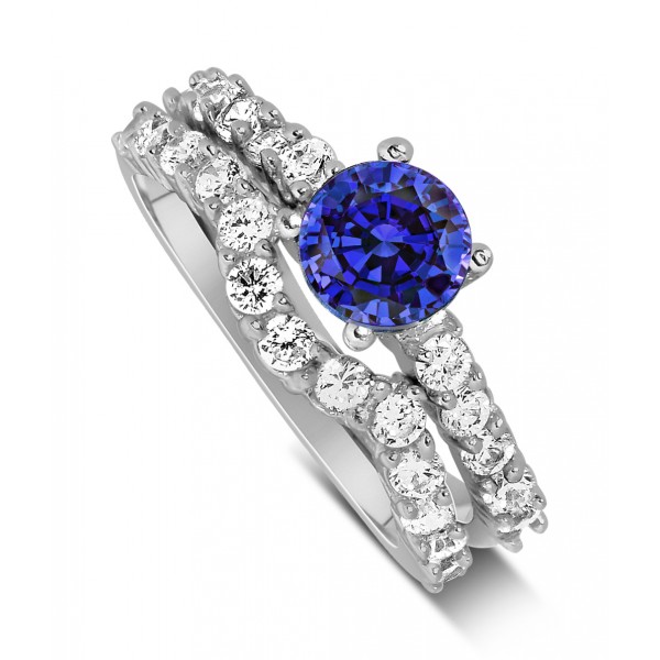 2 Carat Vintage Round cut Blue Sapphire and Diamond Wedding Ring Set in ...