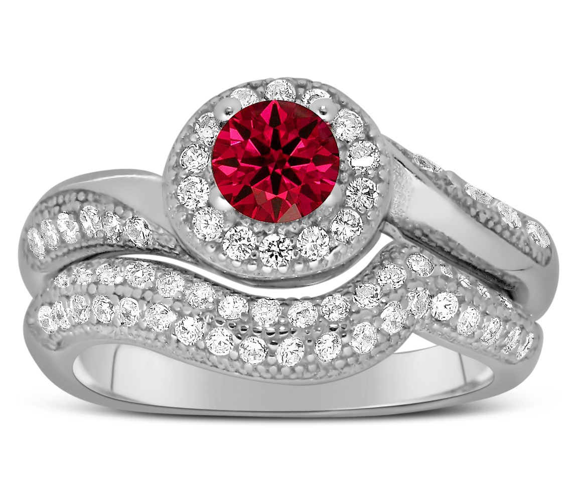 Antique Designer 2 Carat Red Ruby And Diamond Bridal Ring Set For Her