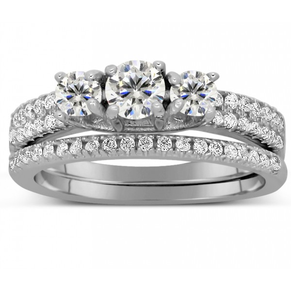 2 Carat Trilogy Design Three Stone Round Wedding Ring Set in White Gold ...