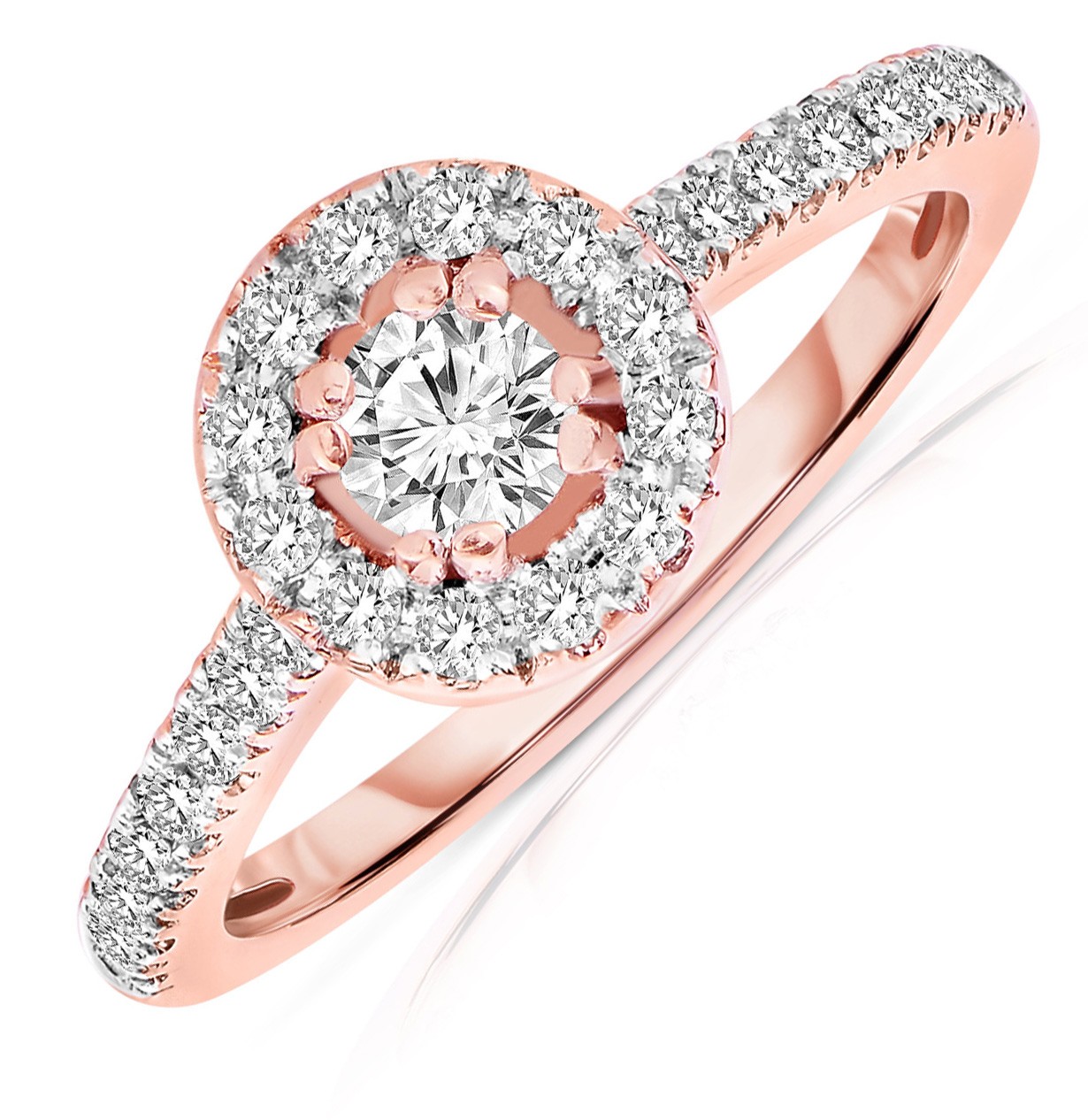 Half Carat Round Cut Halo Diamond Engagement Ring In Rose Gold Jeenjewels