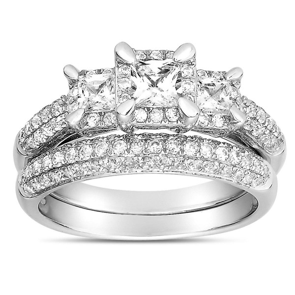 2 Carat Three Stone Trilogy Princess Diamond Wedding Ring Set in White ...