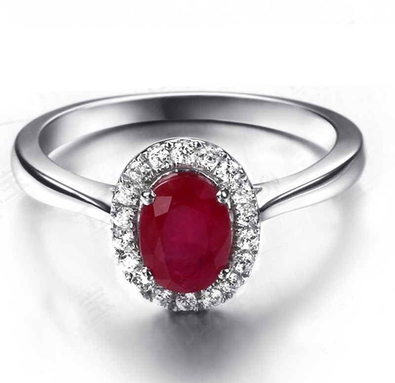 classic 1 carat ruby and diamond halo engagement ring in white gold for women