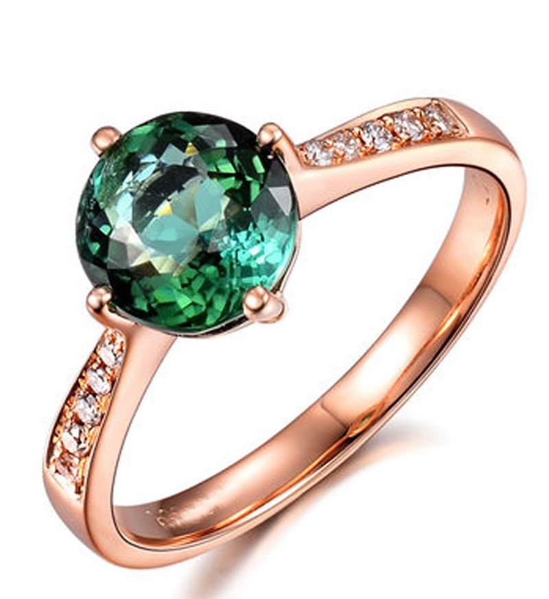 Olive Green Tourmaline Diamond Engagement Solid 14KG Ring