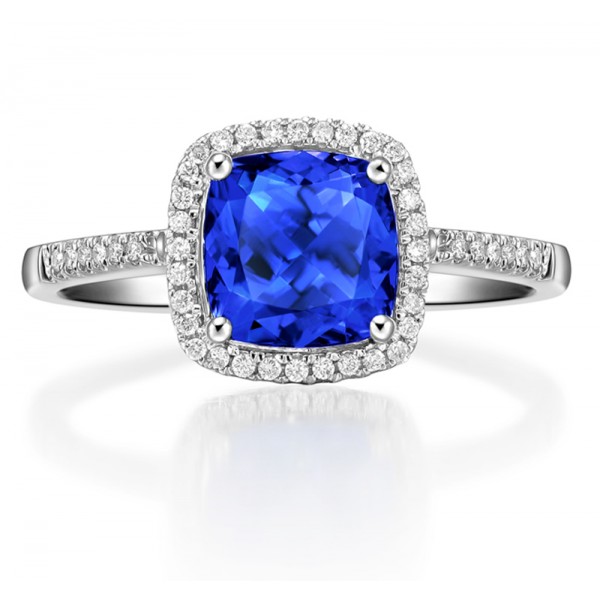 2 Carat cushion cut Blue Sapphire and Diamond Halo Engagement Ring in ...