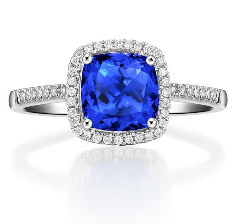 2 Carat cushion cut Blue Sapphire and Diamond Halo Engagement Ring in ...