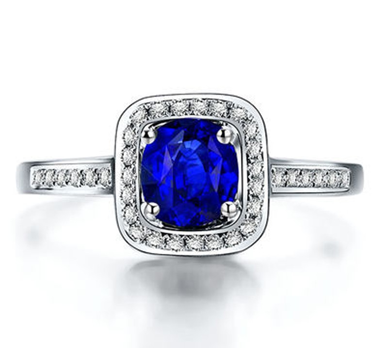 1.50 Carat Blue Sapphire and Diamond Halo Engagement Ring for Women in ...