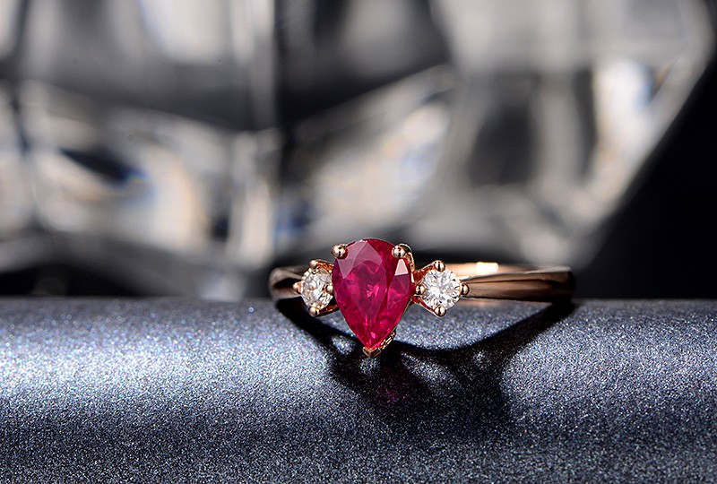 Trilogy Half Carat Pear Shape Ruby and Round Diamond Engagement Ring in ...