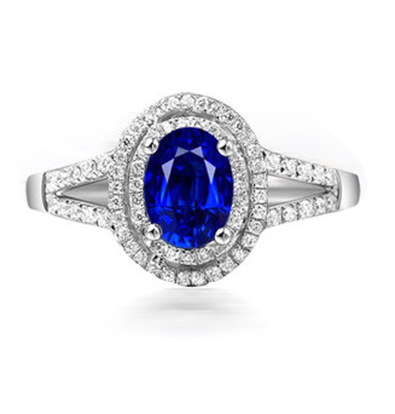 2 Carat oval cut Blue Sapphire and Diamond Halo Engagement Ring in ...
