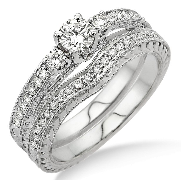 1.00 carat Antique Bridal set with Round Cut diamond in 10k White Gold ...