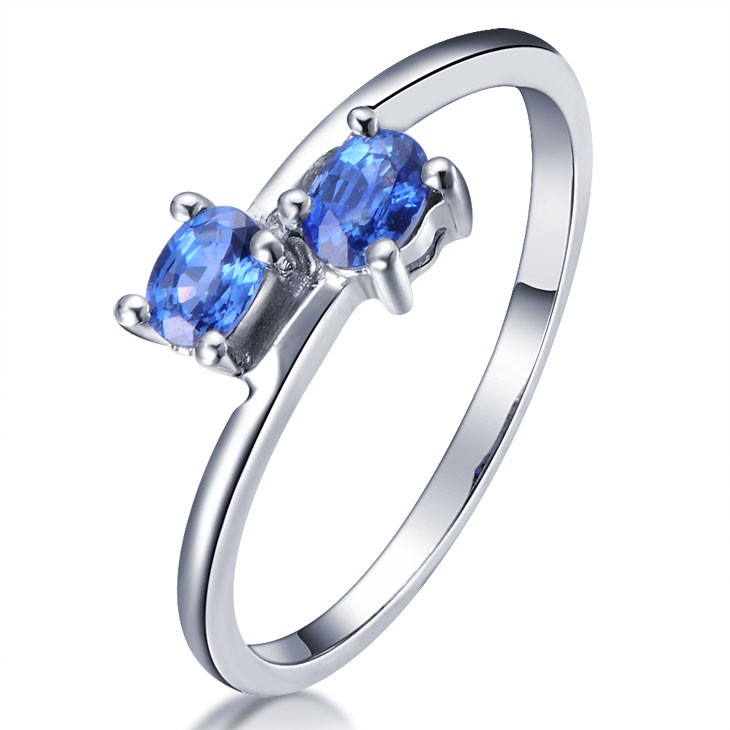 Twin Sapphire Engagement Ring on 10k White Gold - JeenJewels