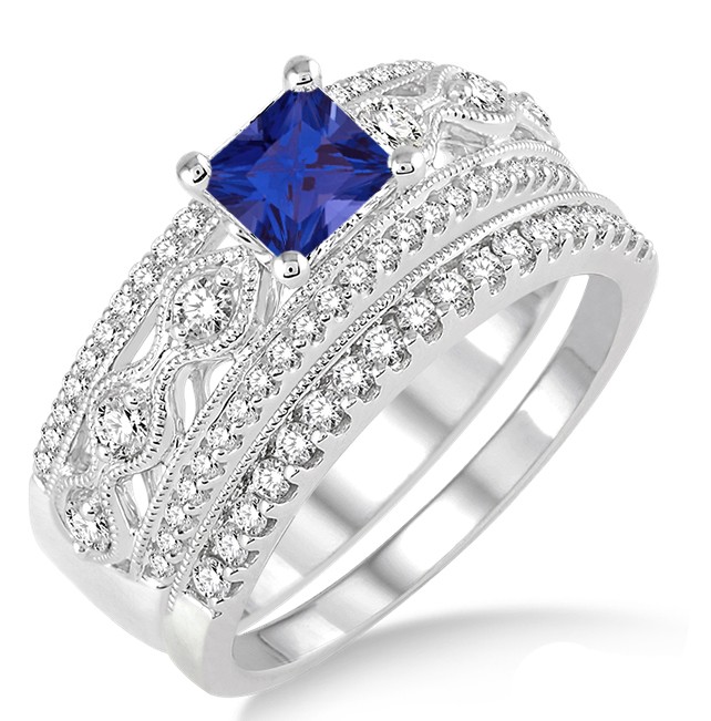 1.5 Carat Sapphire and Diamond Antique Bridal Set Engagement Ring on ...