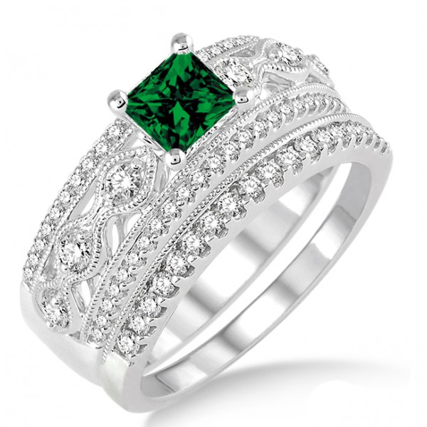 1.5 Carat Emerald & Diamond Antique Bridal Set Engagement Ring on 10k ...