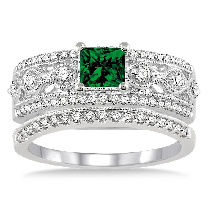 1.5 Carat Emerald & Diamond Antique Bridal Set Engagement Ring on 10k ...