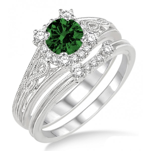 1.25 Carat Emerald & Diamond Vintage halo floral Bridal Set Engagement ...