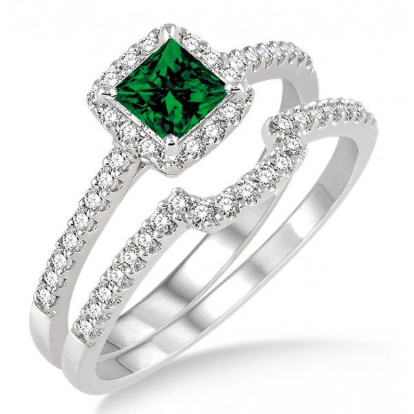 1.5 Carat Emerald & Diamond Halo Bridal Set on 10k White Gold - JeenJewels