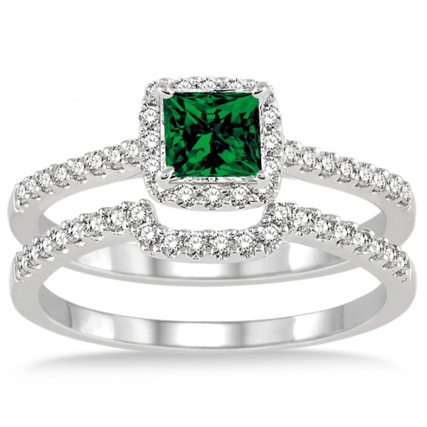 1.5 Carat Emerald & Diamond Halo Bridal Set on 10k White Gold - JeenJewels
