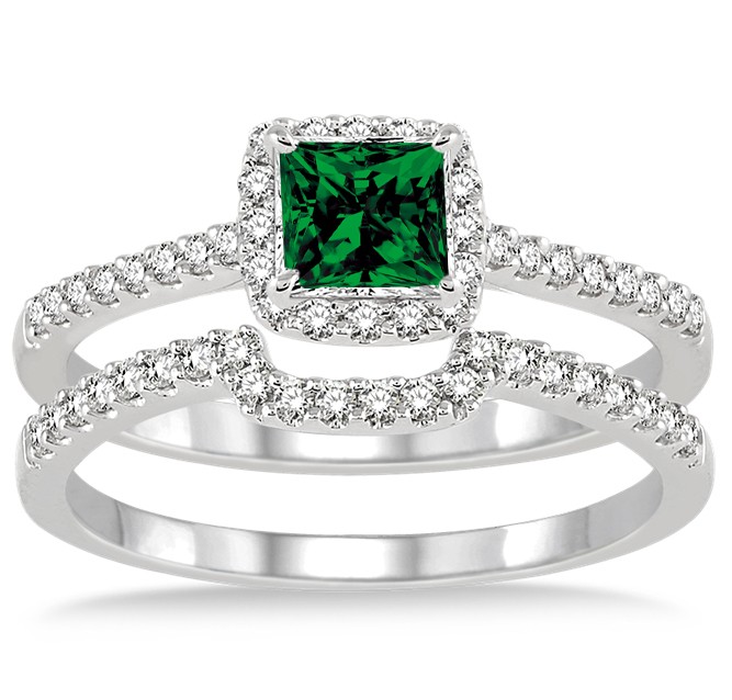 1.5 Carat Emerald & Diamond Halo Bridal Set on 10k White Gold - JeenJewels