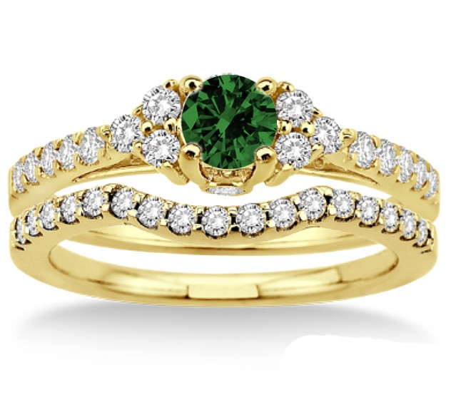 1.5 Carat Emerald & Diamond Bridal set on 10k Yellow Gold - JeenJewels