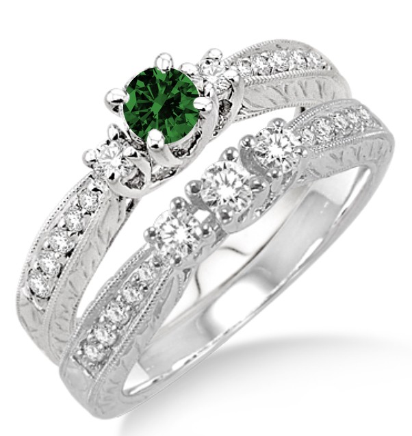 1.5 Carat Emerald & Diamond Antique Bridal set on 10k White Gold ...