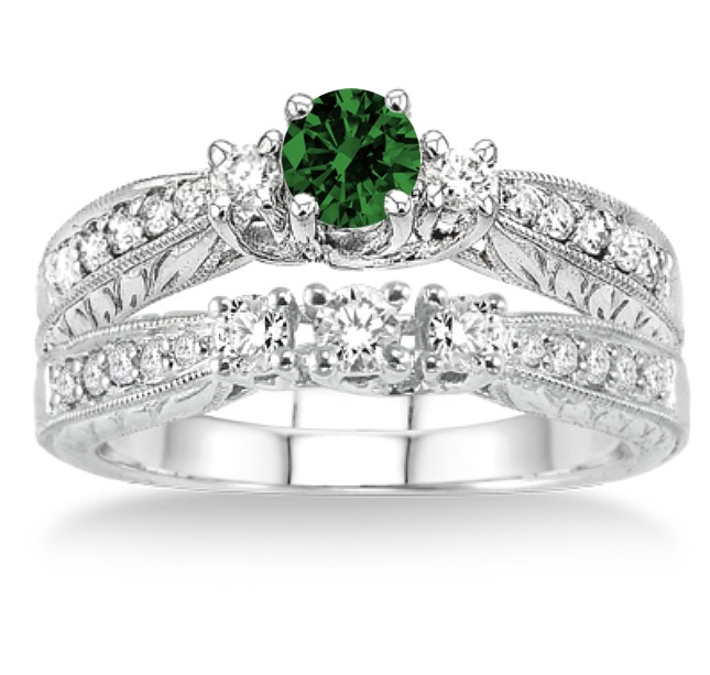 1.5 Carat Emerald & Diamond Antique Bridal set on 10k White Gold ...