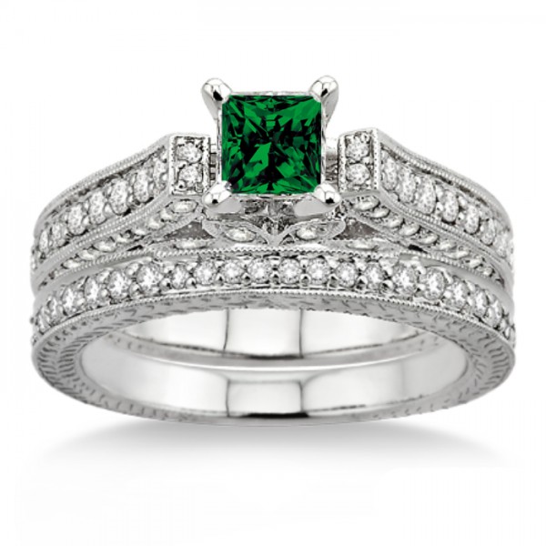 2 Carat Emerald & Diamond 2.10 Carat Emerald & Diamond Antique Bridal ...