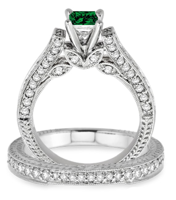 2 Carat Emerald & Diamond 2.10 Carat Emerald & Diamond Antique Bridal ...