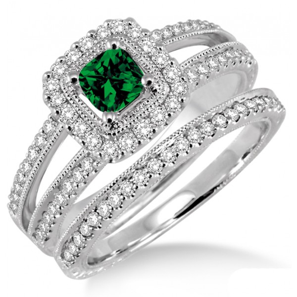 2 Carat Emerald & Diamond Antique Bridal set Halo Ring on 10k White ...