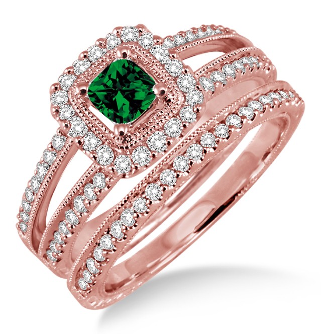 2 Carat Emerald & Diamond Antique Bridal set Halo Ring on 10k Rose Gold ...