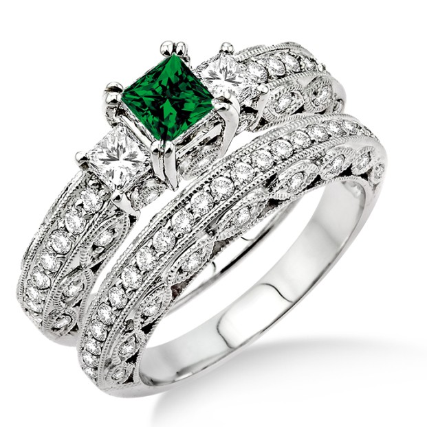 2 Carat Emerald & Diamond Antique Milgrain Trilogy Bridal set on 10k ...