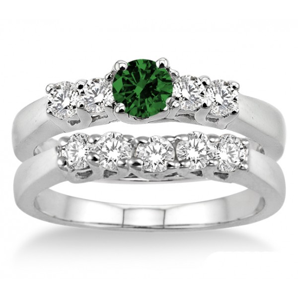 1.5 Carat Emerald & Diamond Five Stone Bridal Set on 10k White Gold ...