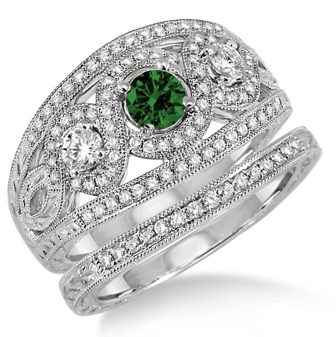 2 Carat Emerald & Diamond Trilogy set Ring on 10k White Gold - JeenJewels