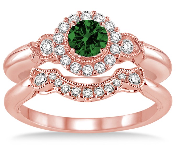 1.25 Carat Emerald & Diamond Antique Three Stone Flower Halo Bridal Set ...