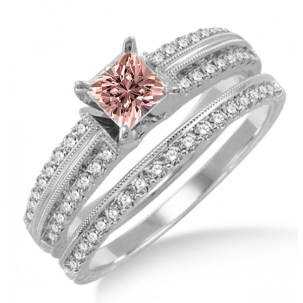 1.5 Carat Morganite & Diamond Antique Bridal set Ring on 10k White Gold ...
