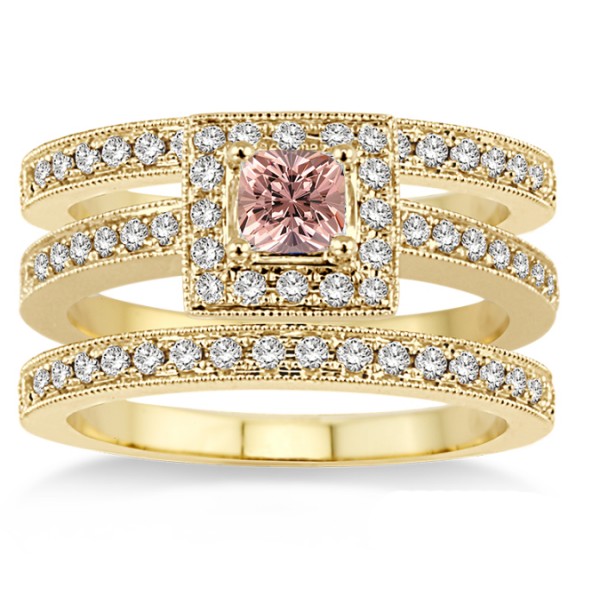 2 Carat Morganite & Diamond Trio set Halo Ring with Princes Cut diamond ...